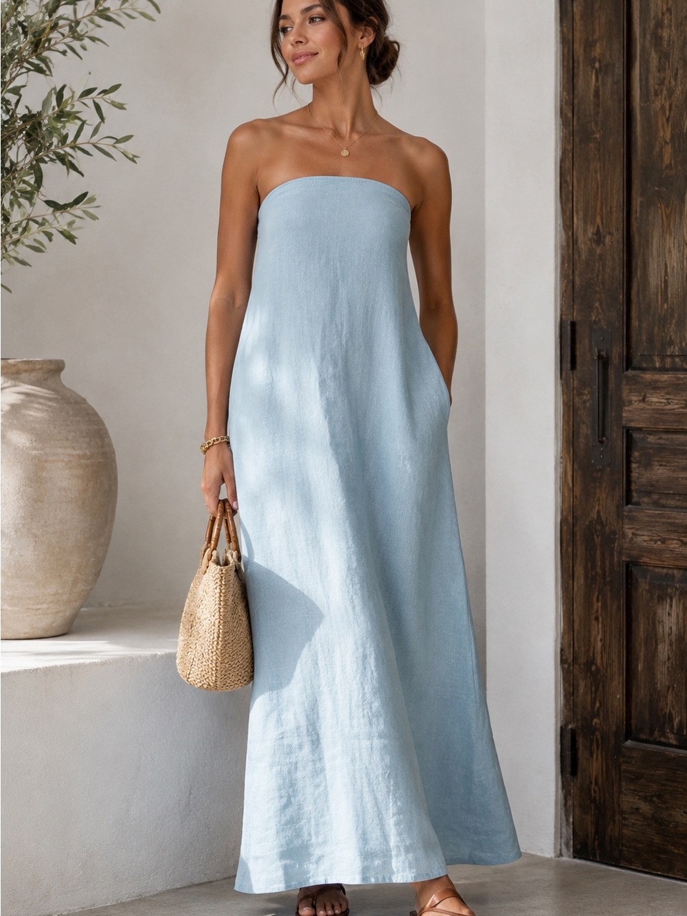 NWT Mikoh Thani Blue Linen Strapless Maxi Dress Size 1 Small